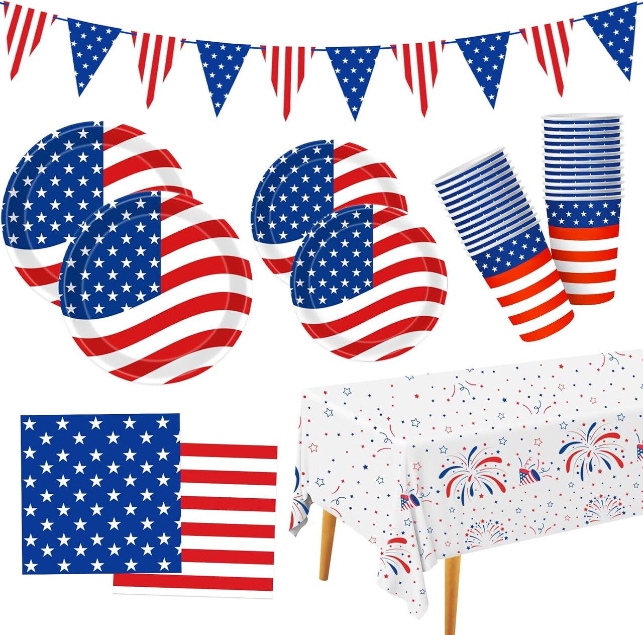 4th of July Patriotic Party Supplies Sets Disposable Plates Napkins Cups Tablecloth